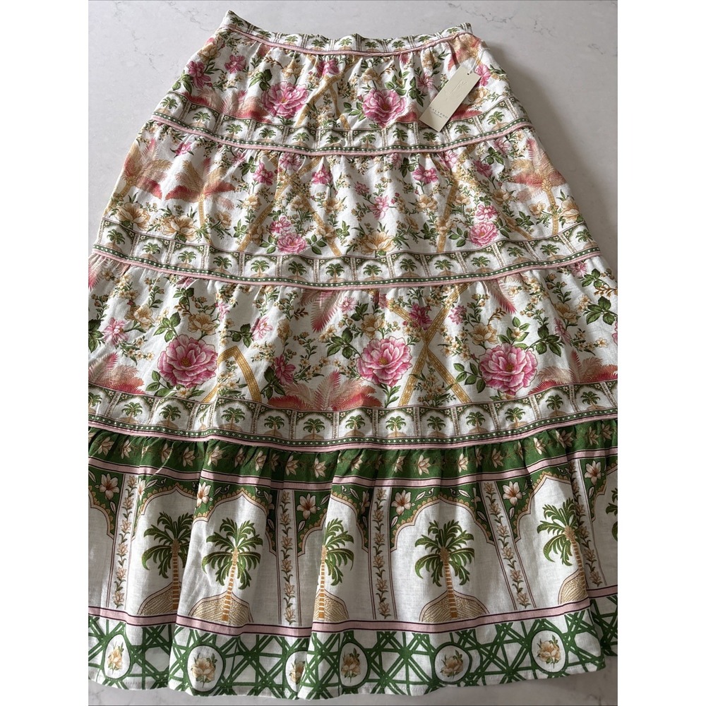 Calypso St Barth Womens XL Linen Rayon Floral Midi Skirt Tiered Palm Beach Tree